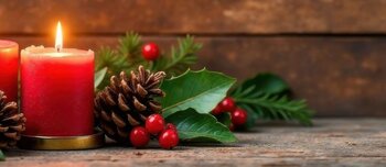 Elegant Christmas decor against a rustic wooden background with candles, pinecones and holly, holly, seasonal motifs , Christmas decorations