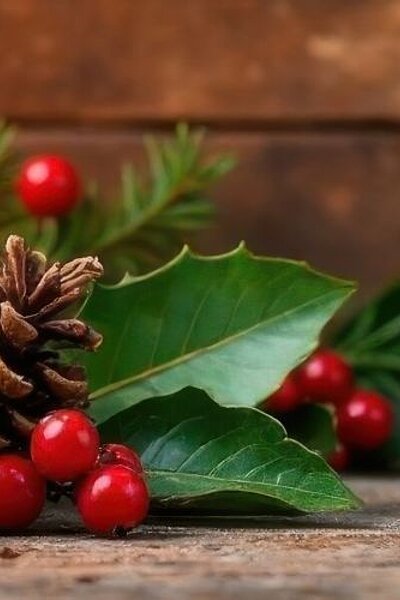 Elegant Christmas decor against a rustic wooden background with candles, pinecones and holly, holly, seasonal motifs , Christmas decorations